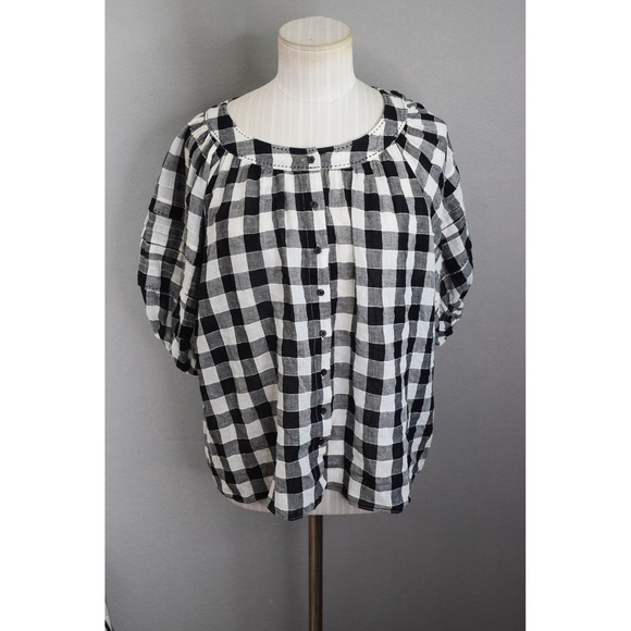 The GREAT. Carriage Top Small Womens' Blouse Black White Checkered Linen Cotton - Picture 1 of 6